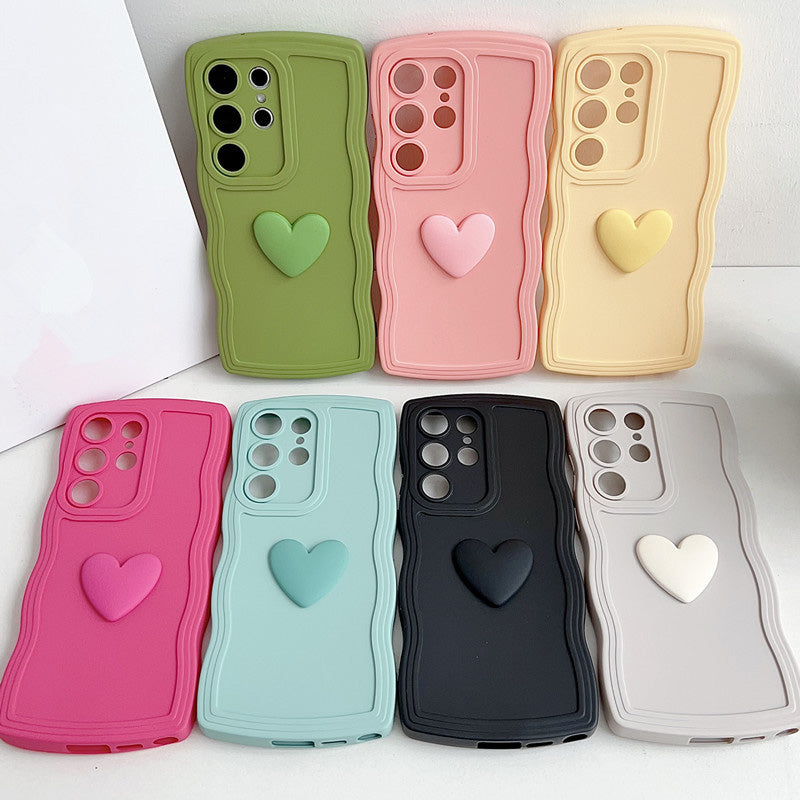 3D Heart Wavy Edge Phone Case for Samsung Galaxy Series – Cute Full-Cover Protective Case for Women