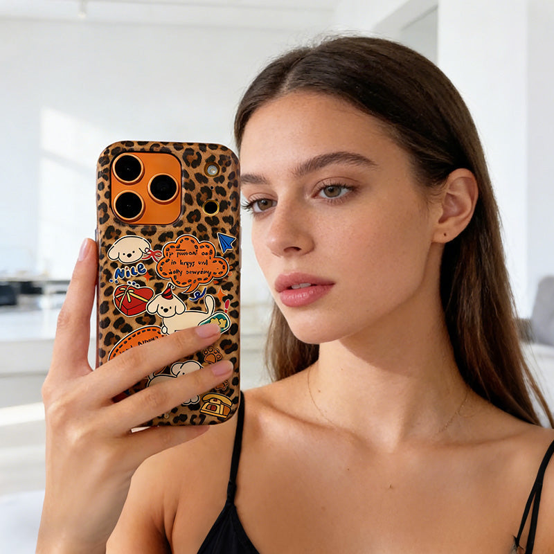 Cute Leopard Puppy Phone Case for iPhone – Dual Layer Full Cover Protective Case with Independent Buttons