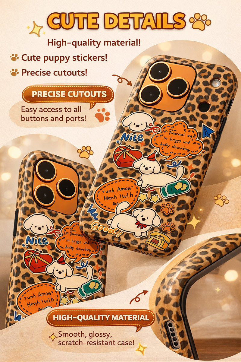 Cute Leopard Puppy Phone Case for iPhone – Dual Layer Full Cover Protective Case with Independent Buttons